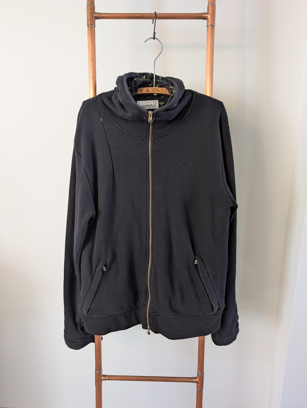 Y2K Hummel Black zip-up Hoodie with Lime Print (Thick & Cool Pockets Everywhere)